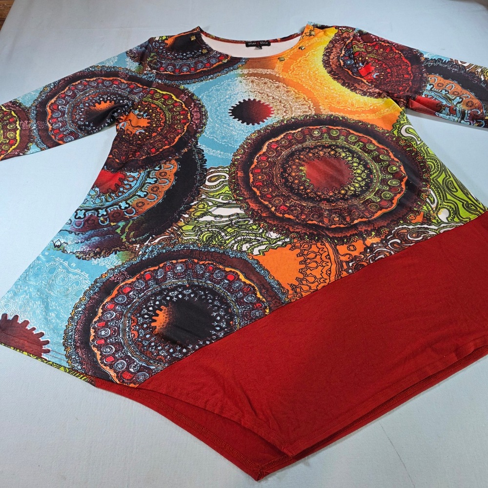 Max & Rina Womens XL Mandala Print Asymmetrical Hem Studded Tunic Top Red Multi
